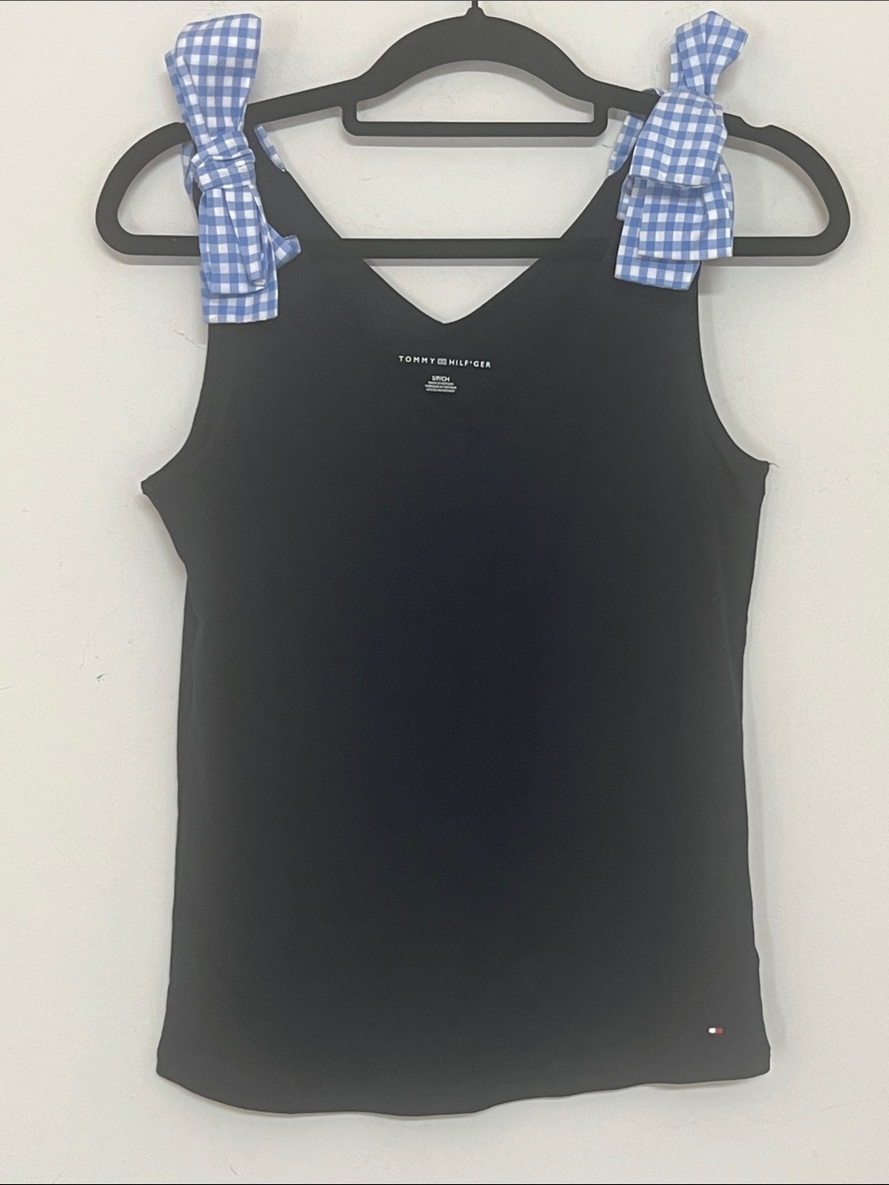 🌞 Tommy Hilfiger Cutesy Black Tank Top w/Blue Gingham Bow Straps women size S